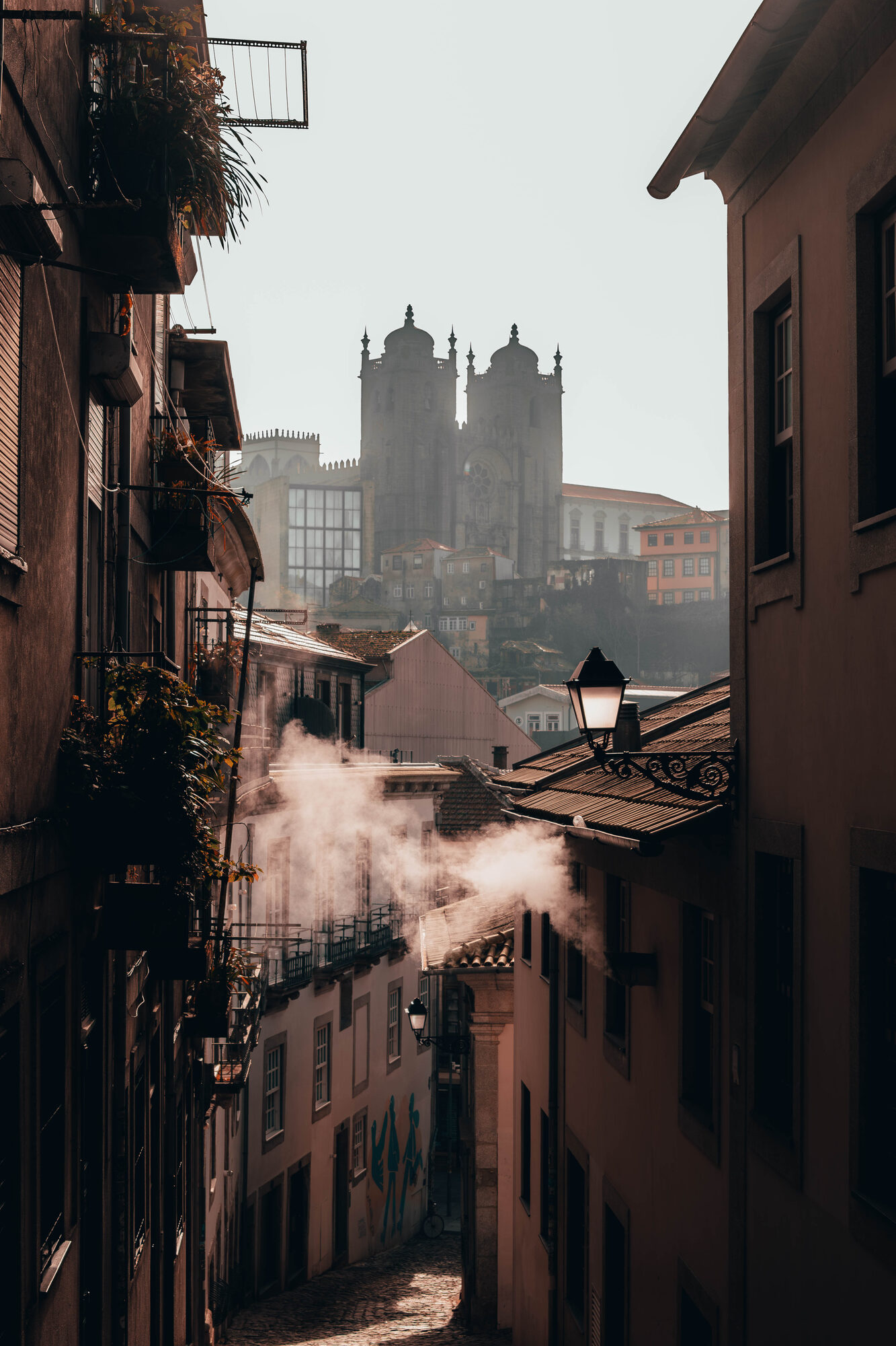 Porto street with morning steam