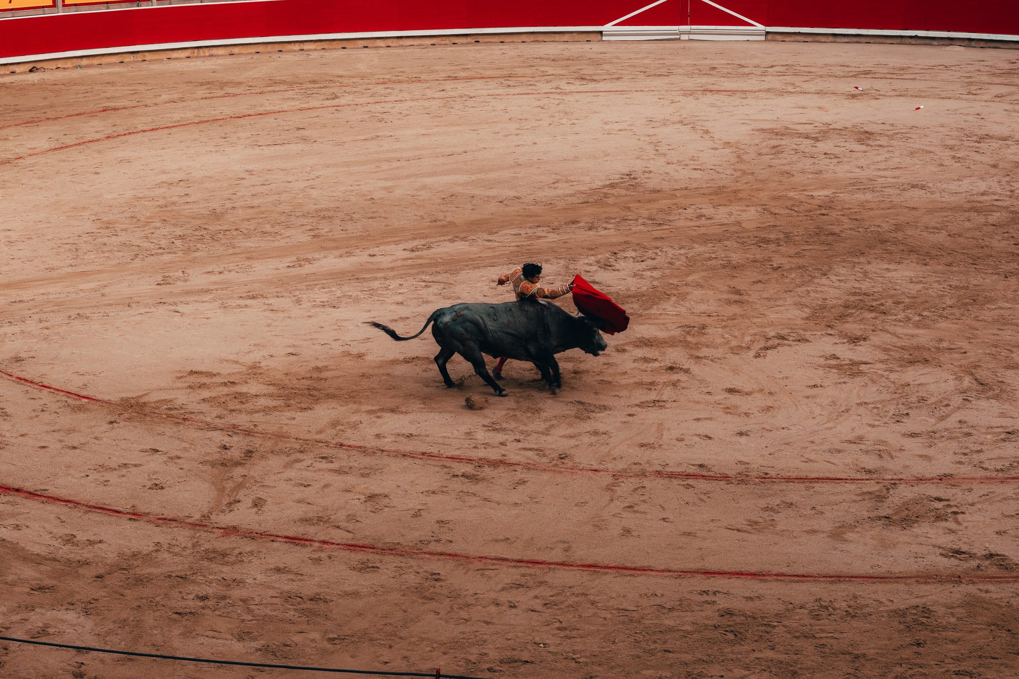 Matador holds the muleta out as the bull comes through on bare sand