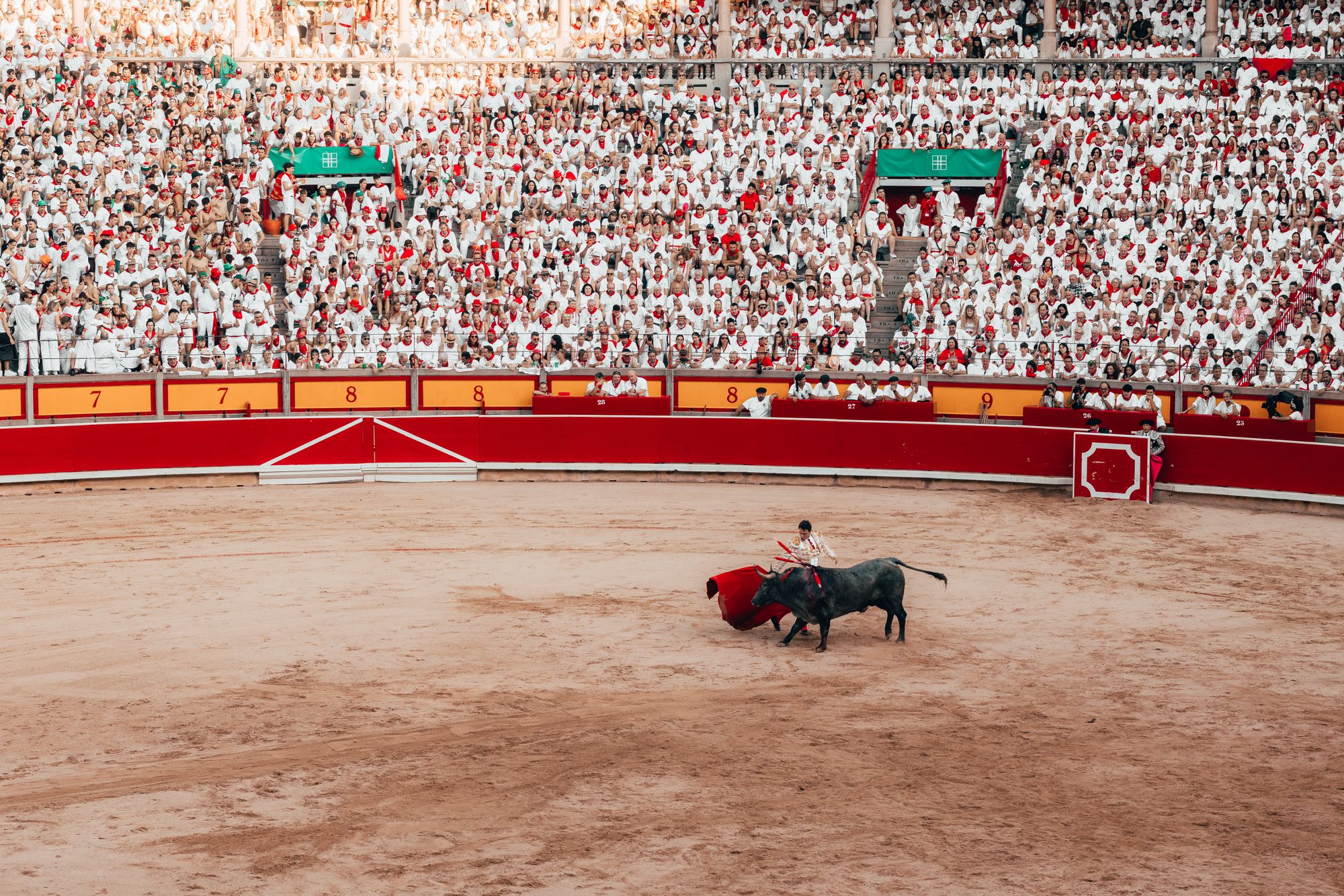 Matador draws the bull past him on the red muleta